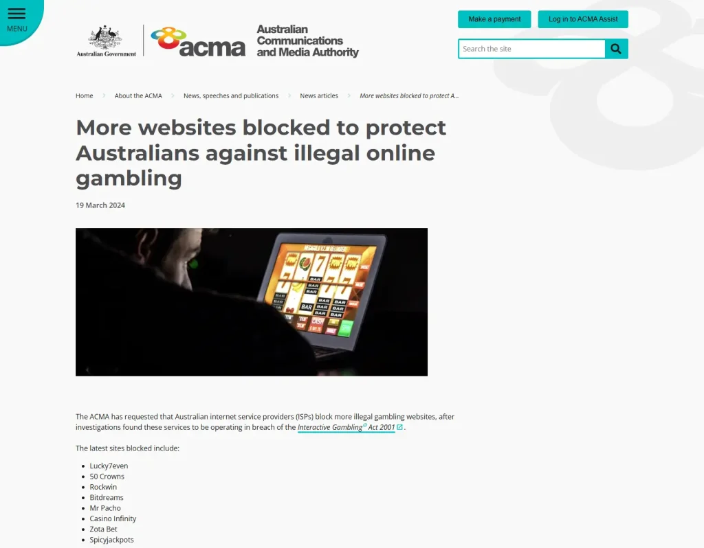 ACMA page dated 19 March 2024 naming Lucky7even among websites referred for ISP blocking