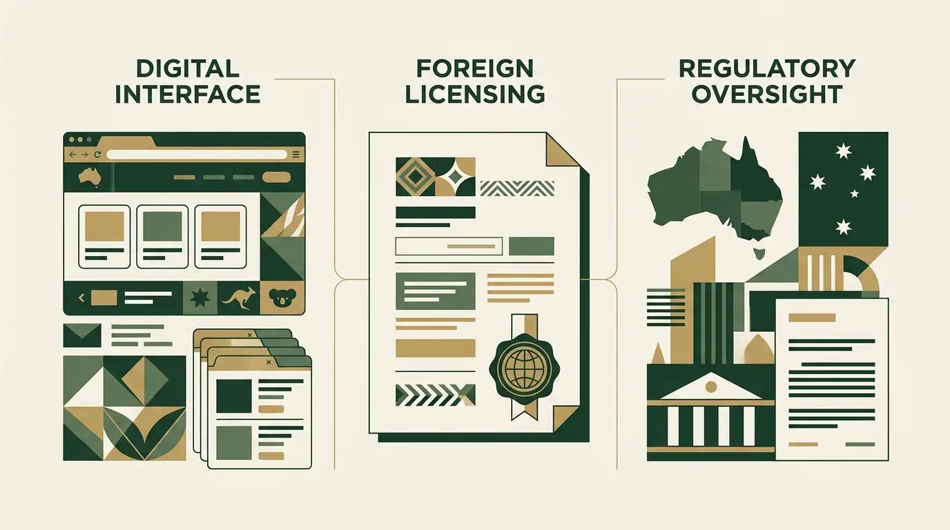 Editorial illustration separating Australian-facing casino access, foreign licensing and Australian regulation into three distinct concepts
