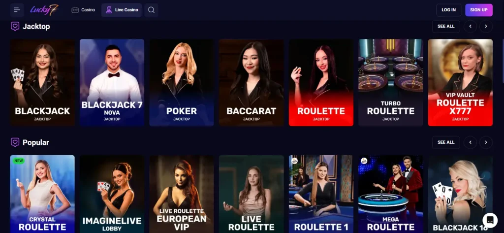 Lucky7even AU live casino lobby showing live blackjack, roulette, baccarat and game-show navigation