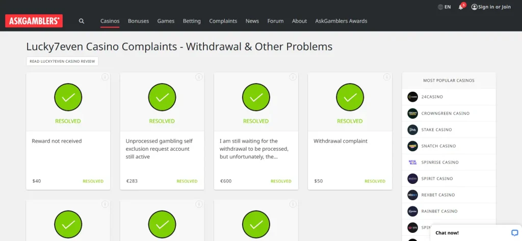 Lucky7even complaint overview on AskGamblers showing current complaint entries and resolved statuses