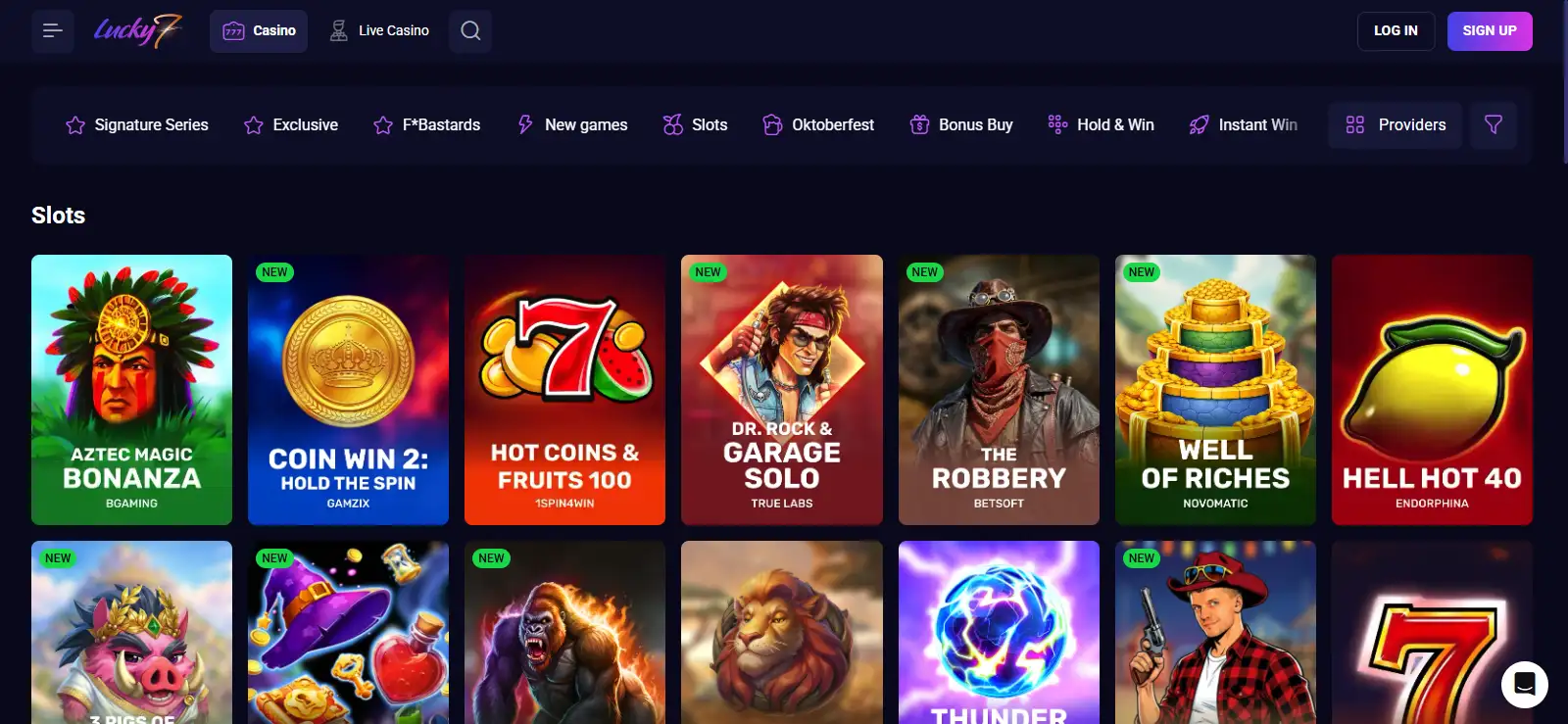 Lucky7even English-AU games lobby showing Pokies navigation, live casino categories and multiple game providers