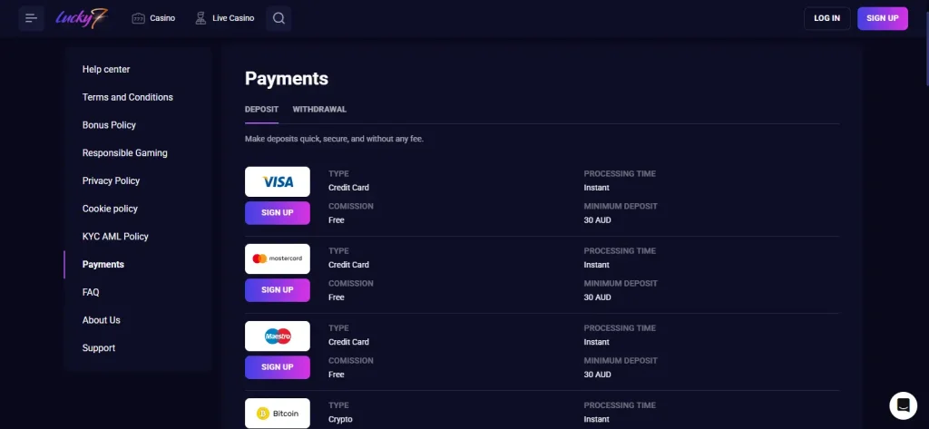 Lucky7even English-AU payments table showing card, e-wallet, bank and cryptocurrency method categories