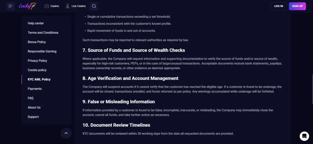 Lucky7even official KYC AML Policy showing identity document requirements and the current review timeline