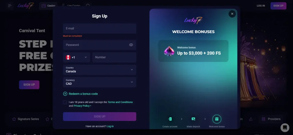 Lucky7even registration interface showing the official signup form and account fields